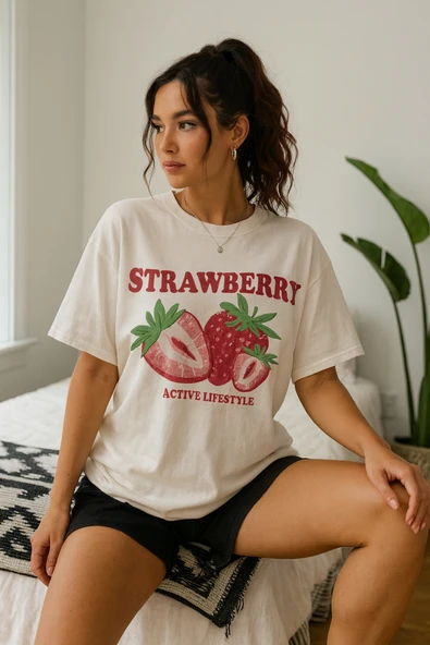 KOZİA OUTDOORS malkoçbey çilek baskılı oversize unisex basic t-şhirt - Resim 5