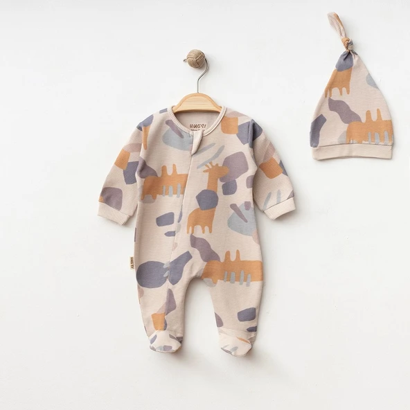 Soyut Desenli Erkek Bebek Önden Fermuarlı Şapkalı Tulum ürün görseli