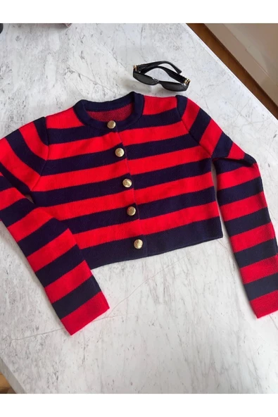 Bolesa Suadiye Triko Şeritli Kısa Hırka - Resim 4