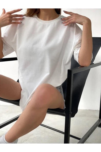 JAKARLI J Beyaz Ince Unisex Pamuk Bisiklet Yaka Boyfriend Örme Oversize T-shirt - Resim 4