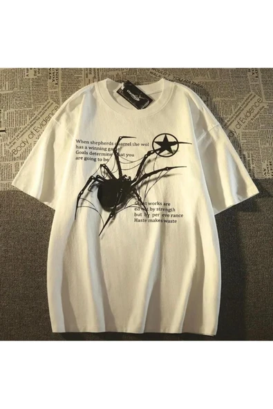 Gothicas Beyaz Unisex Y2k Streetwear Spider Örümcek Yumuşak Penye Oversize T-shirt ürün görseli