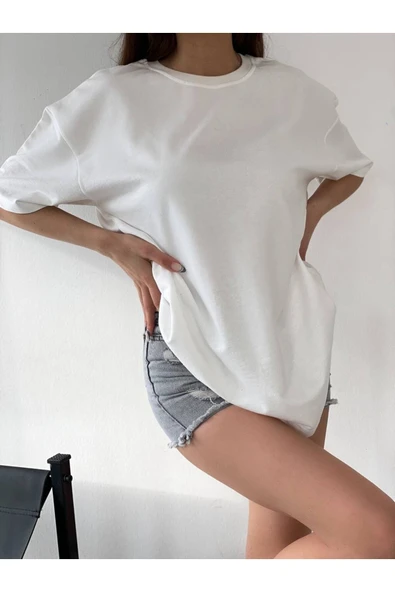 JAKARLI J Beyaz Ince Unisex Pamuk Bisiklet Yaka Boyfriend Örme Oversize T-shirt - Resim 2