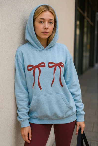 KOZİA OUTDOORS kurdela baskılı kadın kapuson basic swaetşhirt - Resim 7