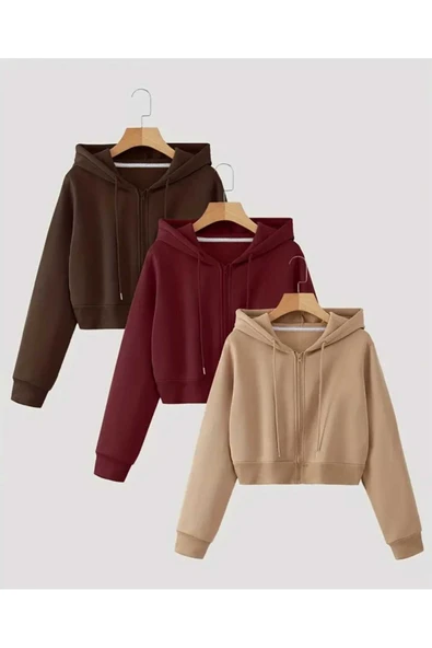 blackbonds Kapşonlu Fermuarlı Crop Hırka 3lü 3 İplik Şardonlu - Resim 8