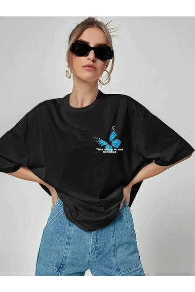 Doğannboss Kadın Lacivert Oversize Kelebek Ön Baskılı T-shirt - Resim 3
