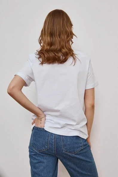 lona fashion Kadın Siyah Ve Beyaz 2'li Paket Bisiklet Yaka Pamuklu Oversize T-shirt Lkr10242 - Resim 5