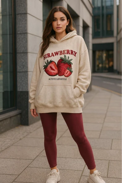 KOZİA OUTDOORS strawberry kapüşonlu baskılı oversize kadın sweaşhirt - Resim 4
