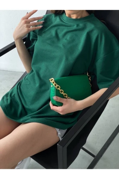 JAKARLI Unisex Zümrüt Yeşili Bisiklet Yaka Pamuk Oversize Boyfriend T-shirt - Resim 3