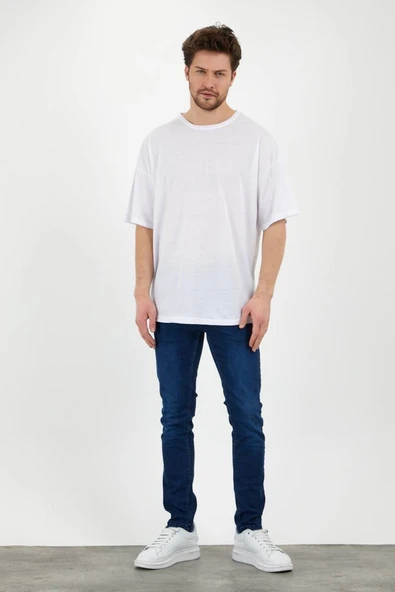 JAKARLI Unisex Pamuklu Bisiklet Yaka Beyaz Oversize T-shirt - Resim 9