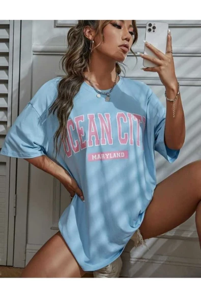 KOZİA OUTDOORS malkoçbey ocean city baskılı oversize unisex basic t-şhirt - Resim 3