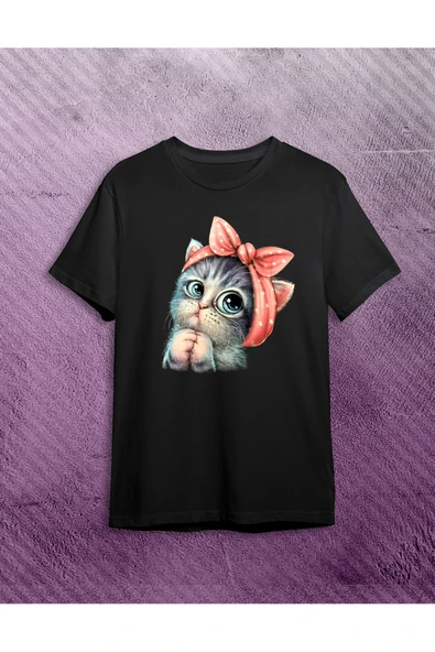 Benin Sevimli Kedi baskılı kadın T-shirt - Siyah-stk1042 ürün görseli