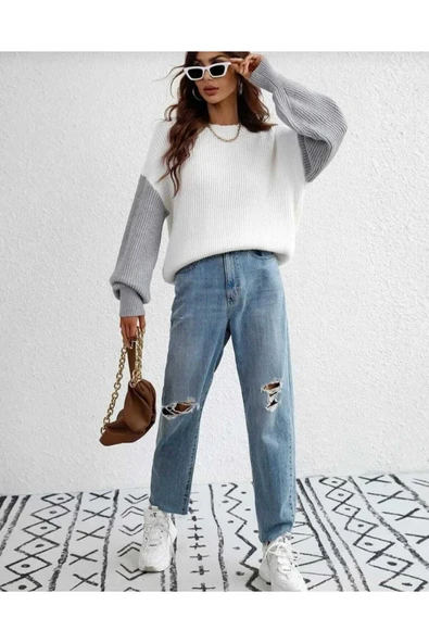 KOZİA OUTDOORS malkoçbey Kolu Renkli Selanik Örgü Bol Kesim Beyaz Kadın Kazak - Resim 2