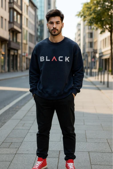 KOZİA OUTDOORS BLACK bisiklet yaka baskılı oversize erkek sweaşhirt ürün görseli