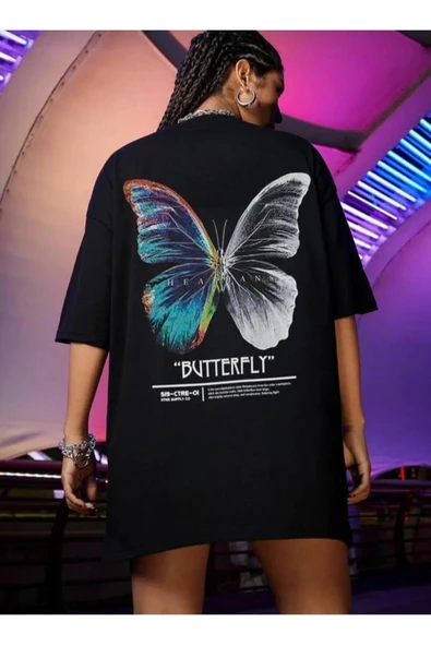 KOZİA OUTDOORS kadın butterfly baskılı bisiklet yaka tişört - Resim 2