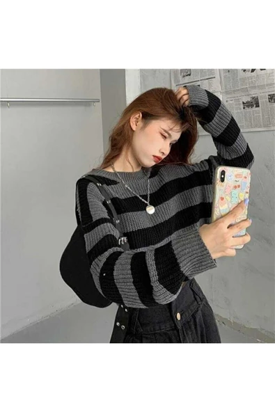 MaLkoç Bey Çizgili Selanik Örgü Crop Kadın Kazak - Resim 2