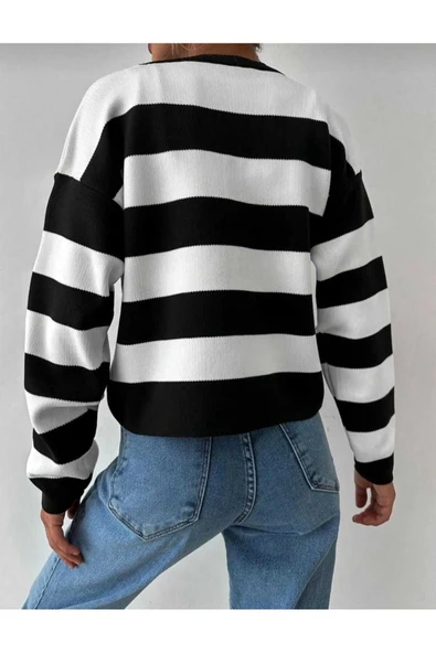 KOZİA OUTDOORS malkoçbey Siyah triko Şeritli crop  Hırka - Resim 3