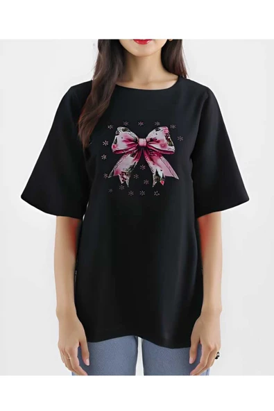 KOZİA OUTDOORS kartaneli fiyonk baskılı kadın bisiklet yaka basic tişört ürün görseli