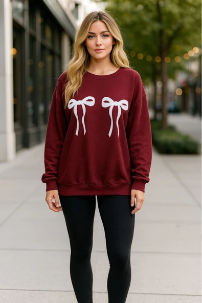 KOZİA OUTDOORS kurdela baskılı kadın bisiklet yaka basic swaetşhirt - Resim 2