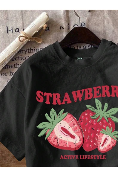 Alviora malkoçbey çilek baskılı oversize unisex basic t-şhirt - Resim 5