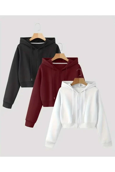 blackbonds Kapşonlu Fermuarlı Crop Hırka 3lü 3 İplik Şardonlu - Resim 5