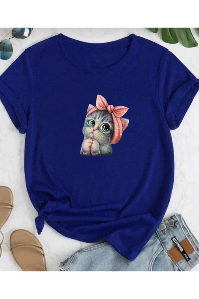 KOZİA OUTDOORS sevimli kedi baskılı oversize basic o yaka unisex t-şhirt - Resim 6