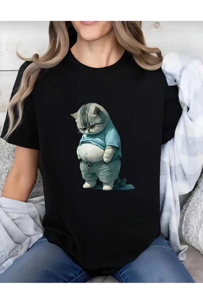 KOZİA OUTDOORS Şişman Kedi Baskılı Kadın Oversize Pamuklu Tişört ürün görseli