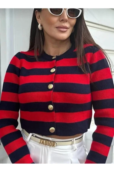 KOZİA OUTDOORS Krımızı Şeritli Triko Kısa Hırka - Resim 3