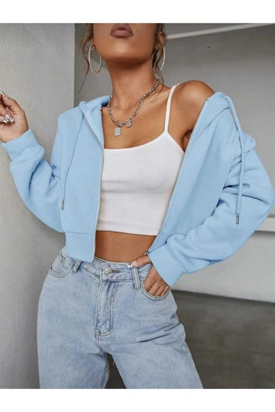 blackbonds gri fermuarlı 3 iplik crop - Resim 7