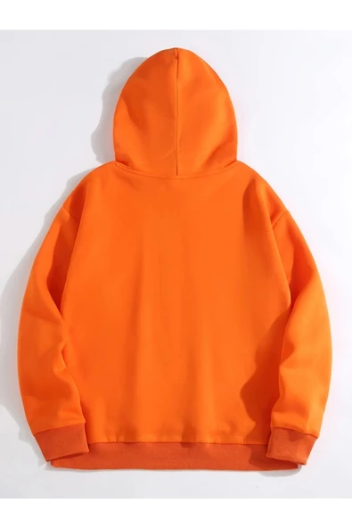 MANCY Unisex Turuncu Kalp Baskılı Kapüşonlu Sweatshirt - Resim 3