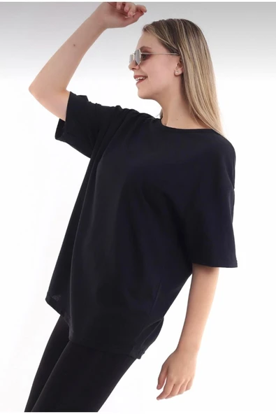 JAKARLI Unisex Pamuk Bisiklet Yaka Boyfriend Siyah Örme Oversize T-shirt - Resim 4