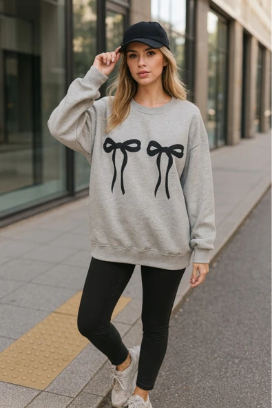 KOZİA OUTDOORS kurdela baskılı kadın bisiklet yaka basic swaetşhirt - Resim 5