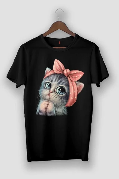 Pasage Siyah Unisex Sevimli Minik Kedi Baskılı Pamuk Bisiklet Yaka Boyfriend Örme Oversize T-Shirt ürün görseli