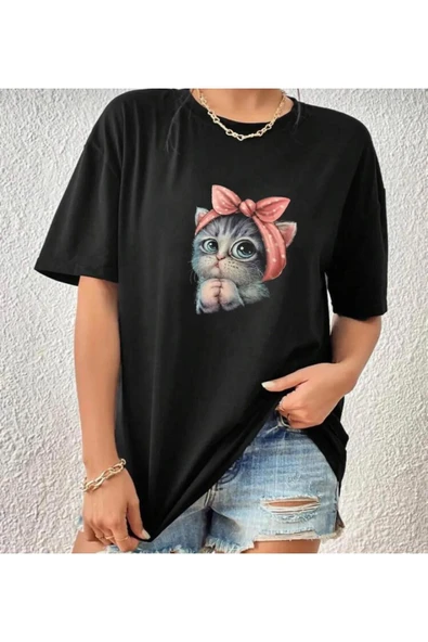 KOZİA OUTDOORS kedi baskılı oversize o yaka t-şhirt ürün görseli