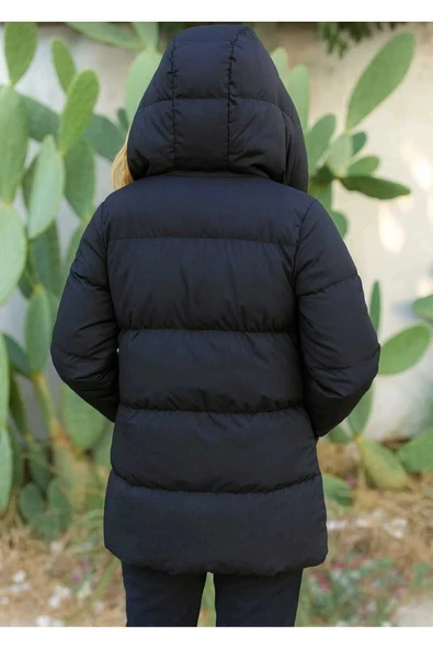 blackbonds Kadın su rüzgar gecirmez Şişme Mont Siyah Renk Kapüşonlu Ön Cepli - Resim 3