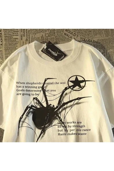 Gothicas Beyaz Unisex Y2k Streetwear Spider Örümcek Yumuşak Penye Oversize T-shirt - Resim 2