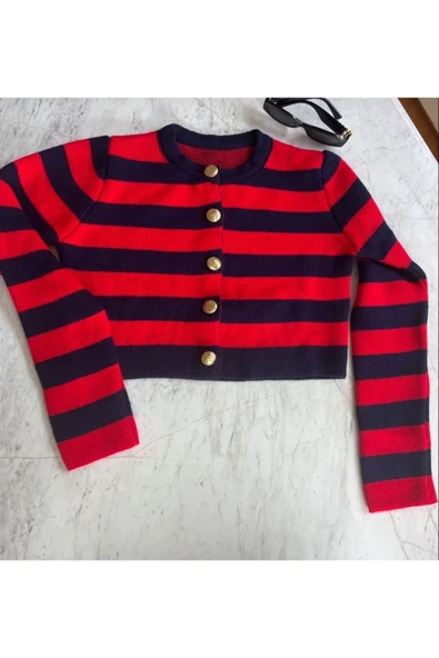 myfok Kadın Kırmızı Şeritli Bisiklet Yaka Gold Düğmeli Crop Triko Hırka - Resim 6
