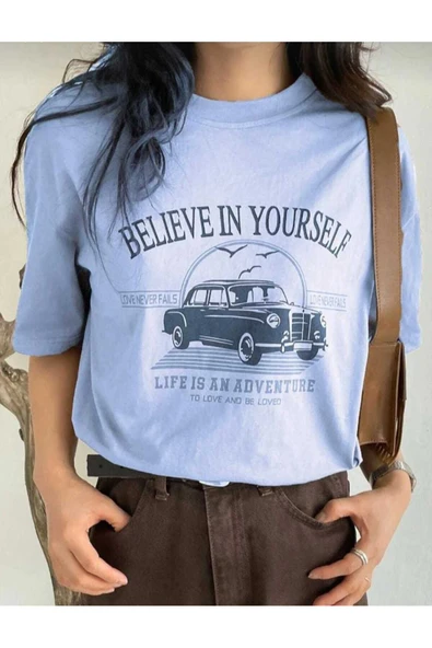 KOZİA OUTDOORS belıeve ın yourself baskılı oversize basic unisex tişört - Resim 5