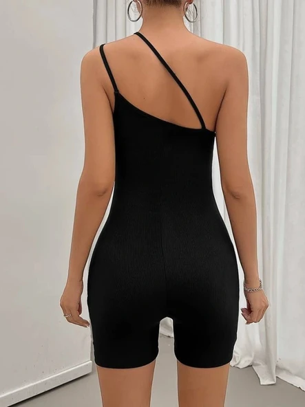 Kadın Asimetrik Askılı Mini Kaşkorse Bodycon Tulum - Resim 8