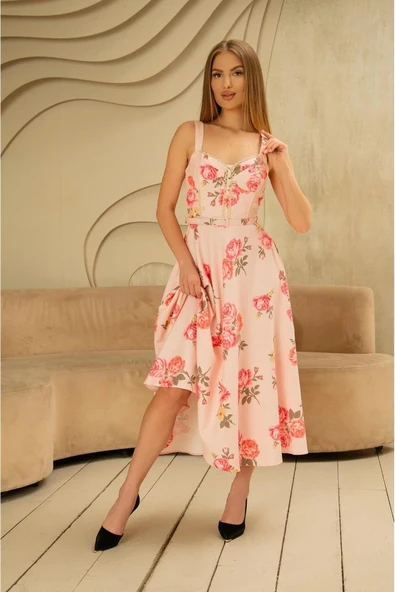 Pembe İnce Kemer Detaylı Elbise - Resim 3