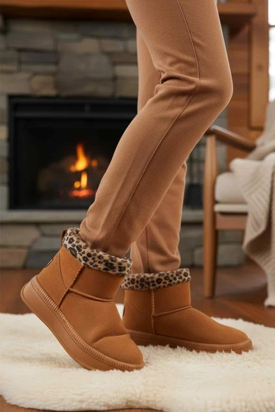 Ayakmod Taba Leopar Kürklü Soğuğa Dirençli Kaymaz Kadın Bot 25001 Z - Resim 3