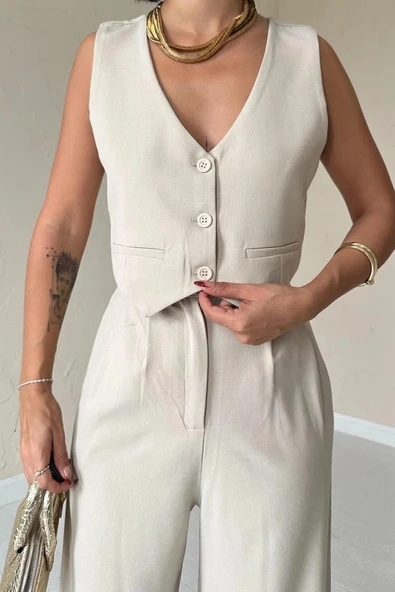 Bej Klas Ceket Ve Yelek Ve Pantolon Takım - Resim 3