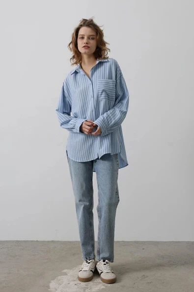 Çizgili Tek Cep Gömlek  Bebe Mavisi - Resim 2