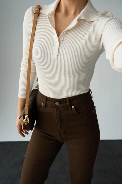 Polo Yaka 6 Düğmeli Kazak  Krem - Resim 3