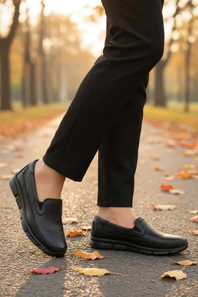 Ayakmod Siyah Hakiki Deri Ortopedik Kadın Casual Ayakkabı 602 Z - Resim 3