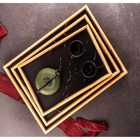 Bambum Marbella 3'lü Mermer Desen Tepsi Siyah - Resim 3