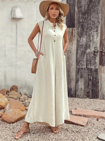 Kadın Kısa Kollu önden Düğmeli Paçaya Doğru Geniş Cepli Uzun Bürümcük Tulum - Resim 3