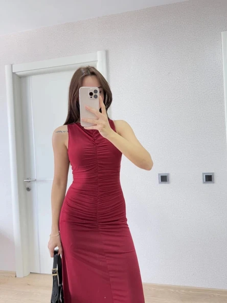 Kolsuz Büzgülü Uzun Elbise  Kırmızı - Resim 2