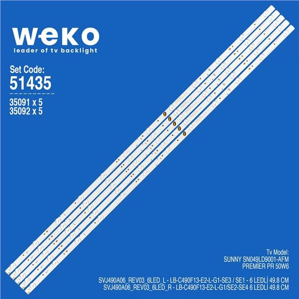 Premier PR 50W6 49'' 5 Adet Tv Led Bar ( Tvnizin içindeki led barla aynısı olduğunu görmeden almayınız. Led bar ürünlerinde paket açıldığında iade kabul edilmemektedir. ) ürün görseli