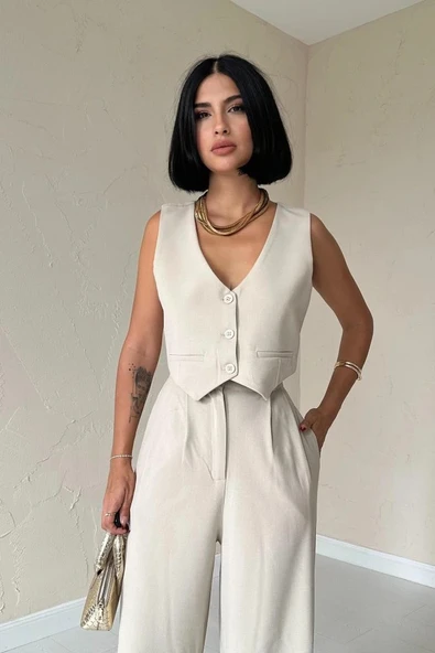 Bej Klas Ceket Ve Yelek Ve Pantolon Takım - Resim 2