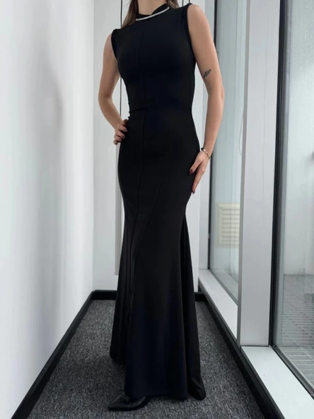 Kolsuz Yarım Bogazlı Uzun Elbise iyah - Resim 3